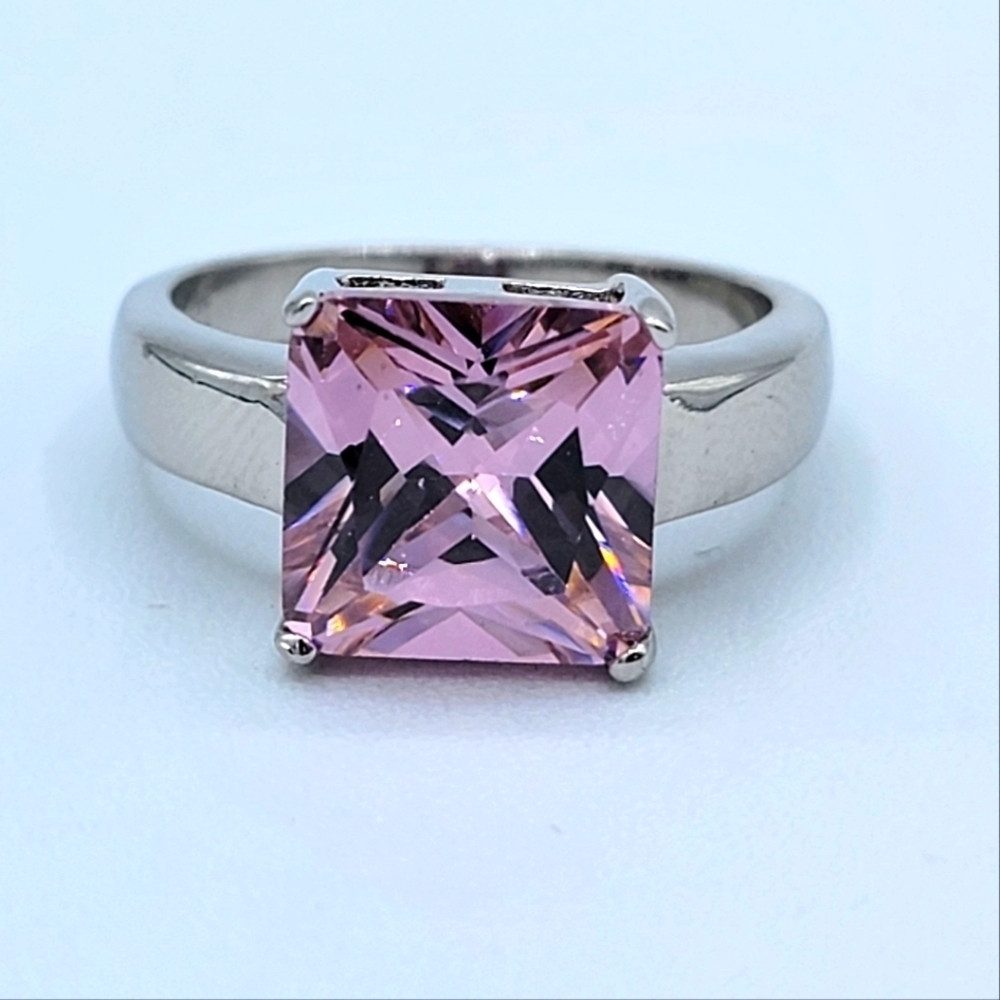 Pink Crystal Ring In Silvertone Setting #1675